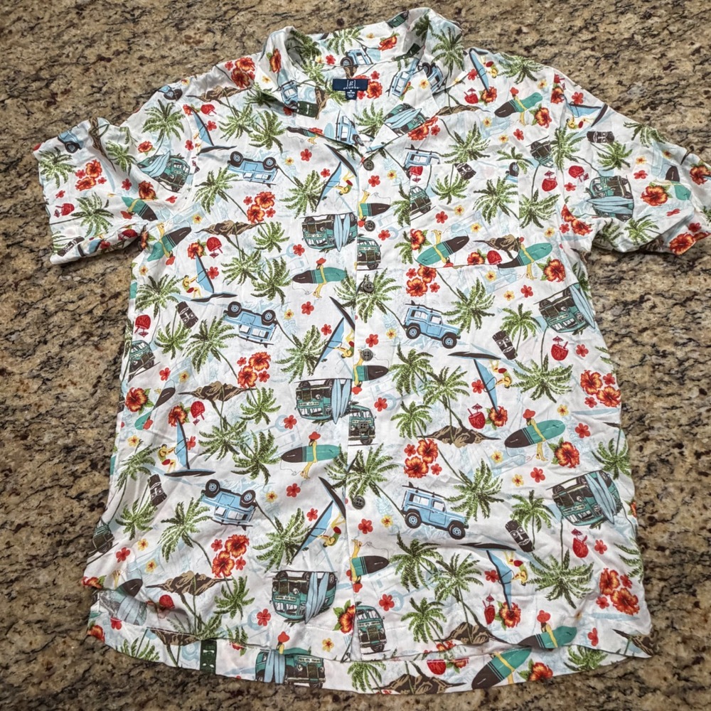 George Mens Tropical Surf Tiki Print Button Down Shirt White Size M Medium